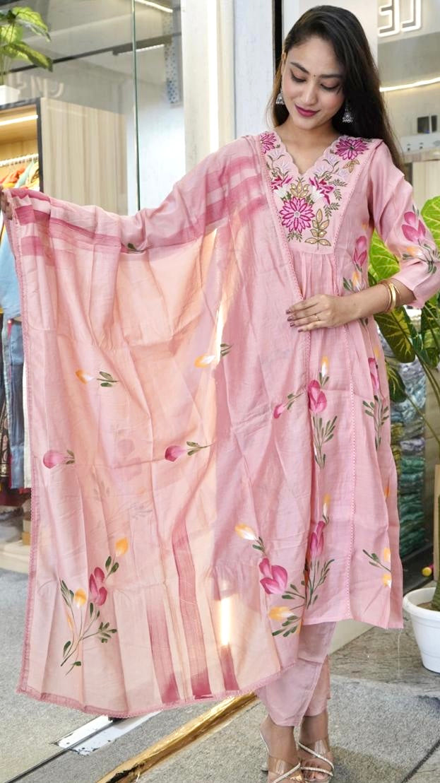 Pari Embroidered Mul Chanderi Pink Kurti Set