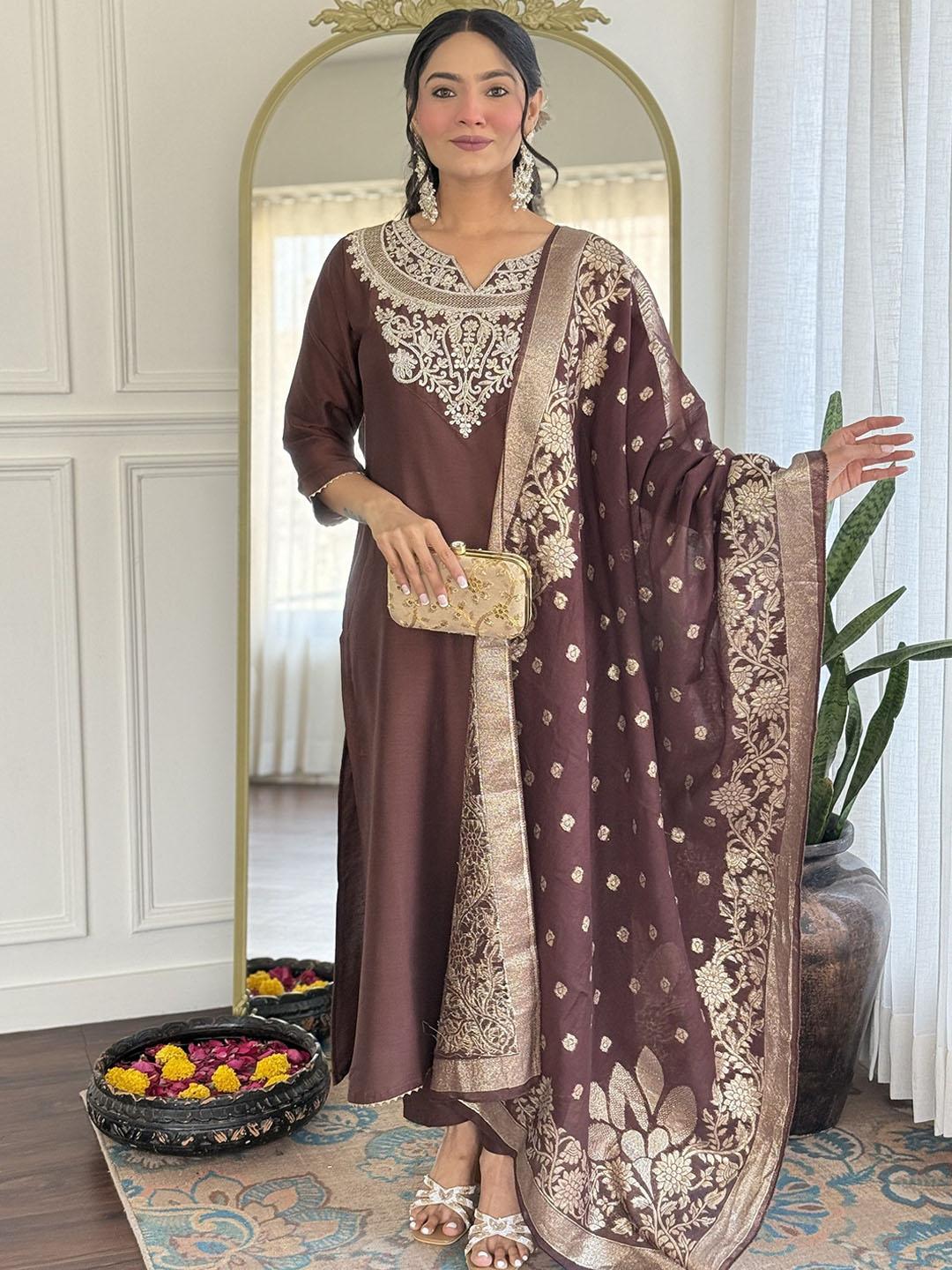 Mridvi Women’s Silk Embroidered Kurta Pant Set with Dupatta – Festive Ethnic Wear