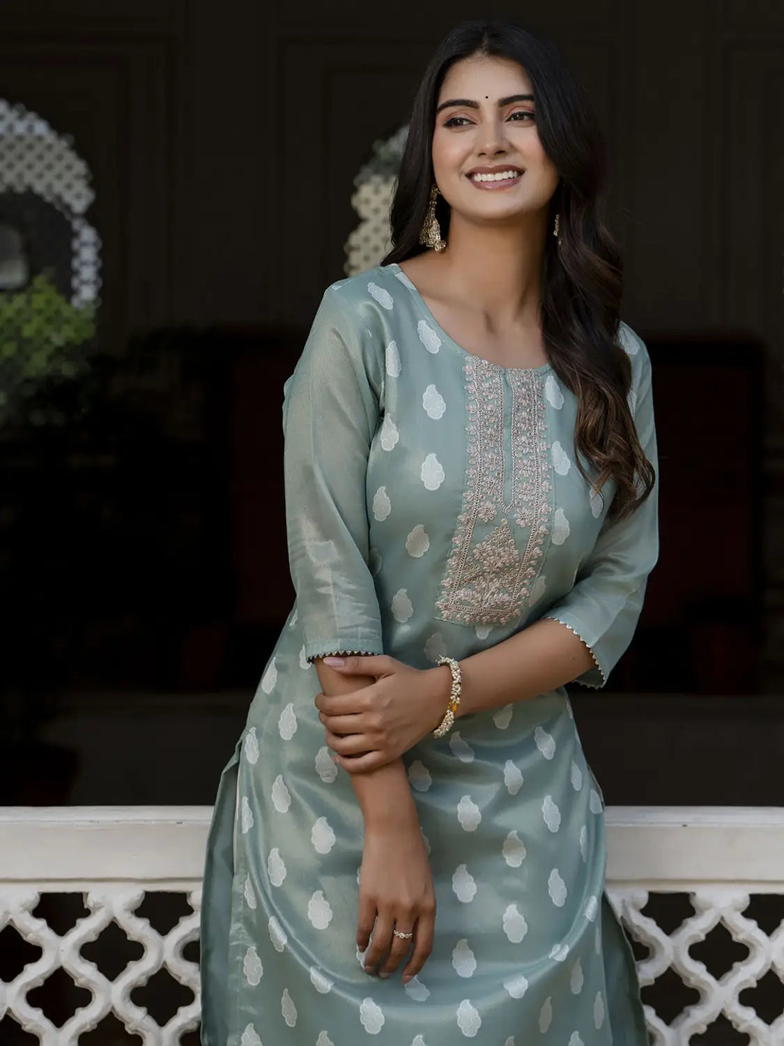 Utsav Woven Art Silk Jacquard Straight Kurta in Dusty Blue