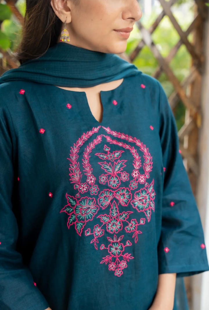 Priya Premium Cotton Kurti set with palazzo in Teal blue