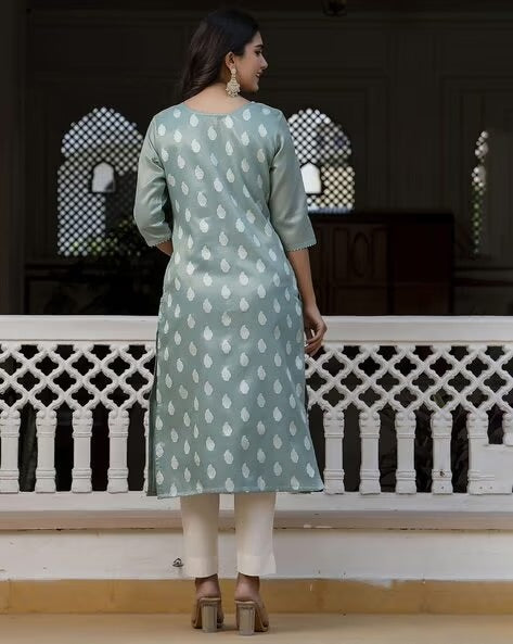 Utsav Woven Art Silk Jacquard Straight Kurta in Dusty Blue