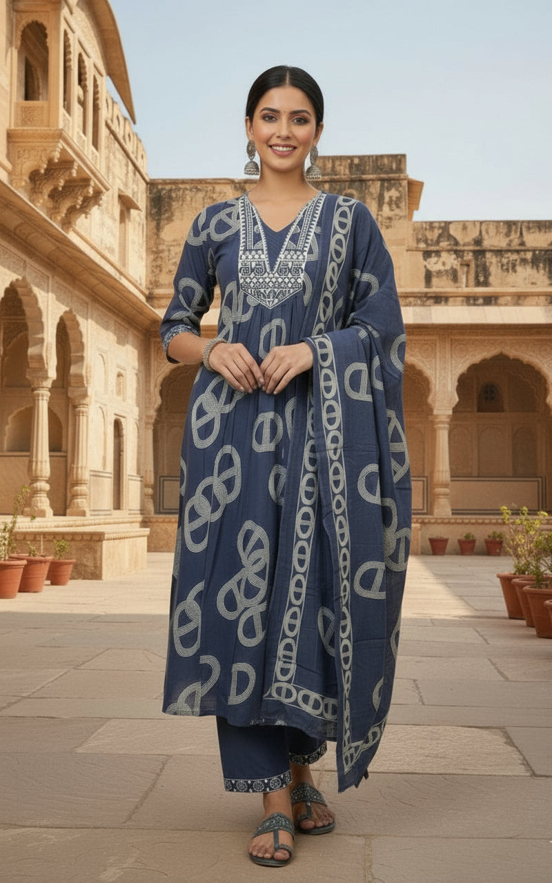 Vaidehi Premium cotton Kurti palazzo set in navy blue and mirror work neckline
