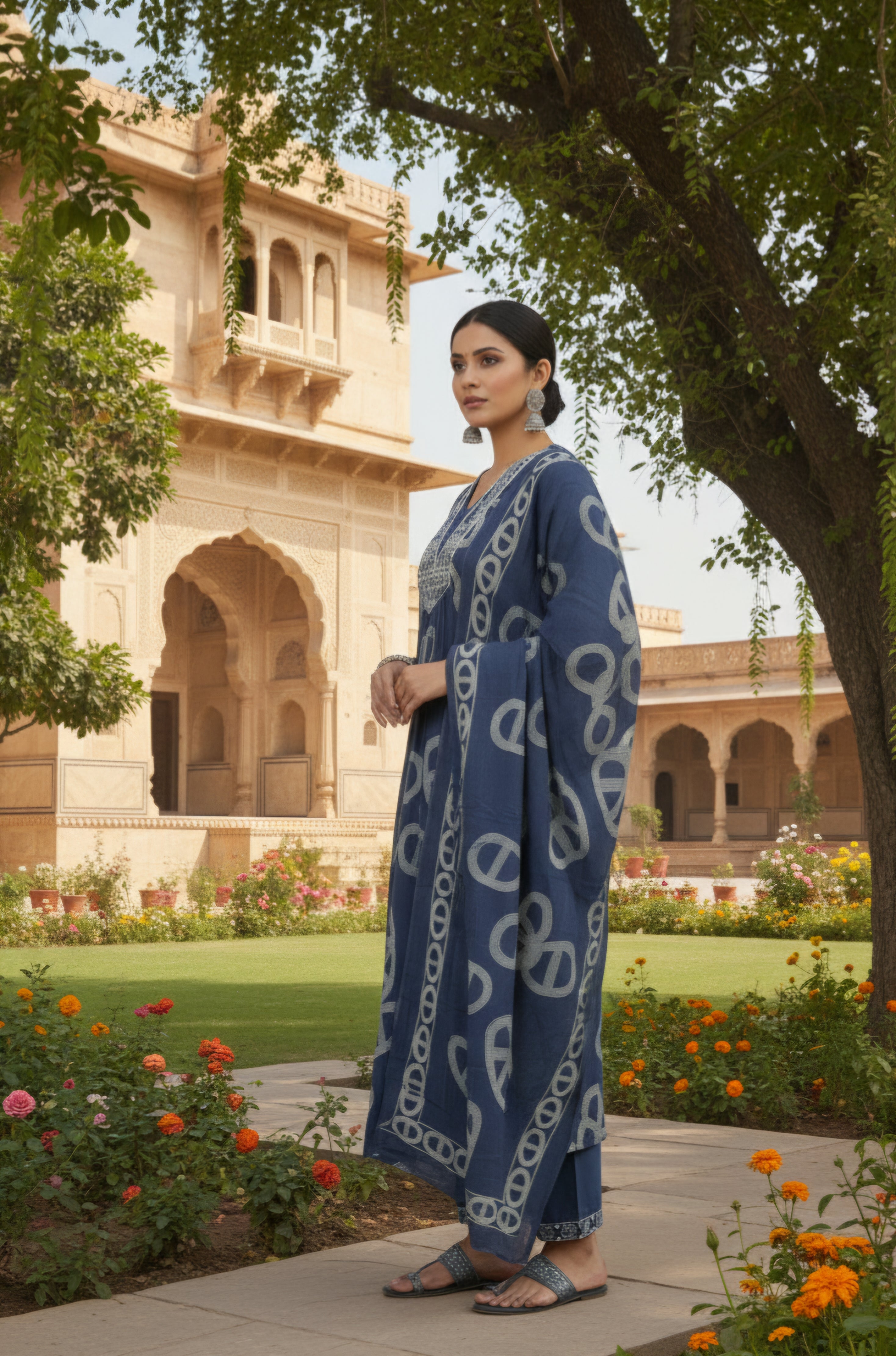 Vaidehi Premium cotton Kurti palazzo set in navy blue and mirror work neckline