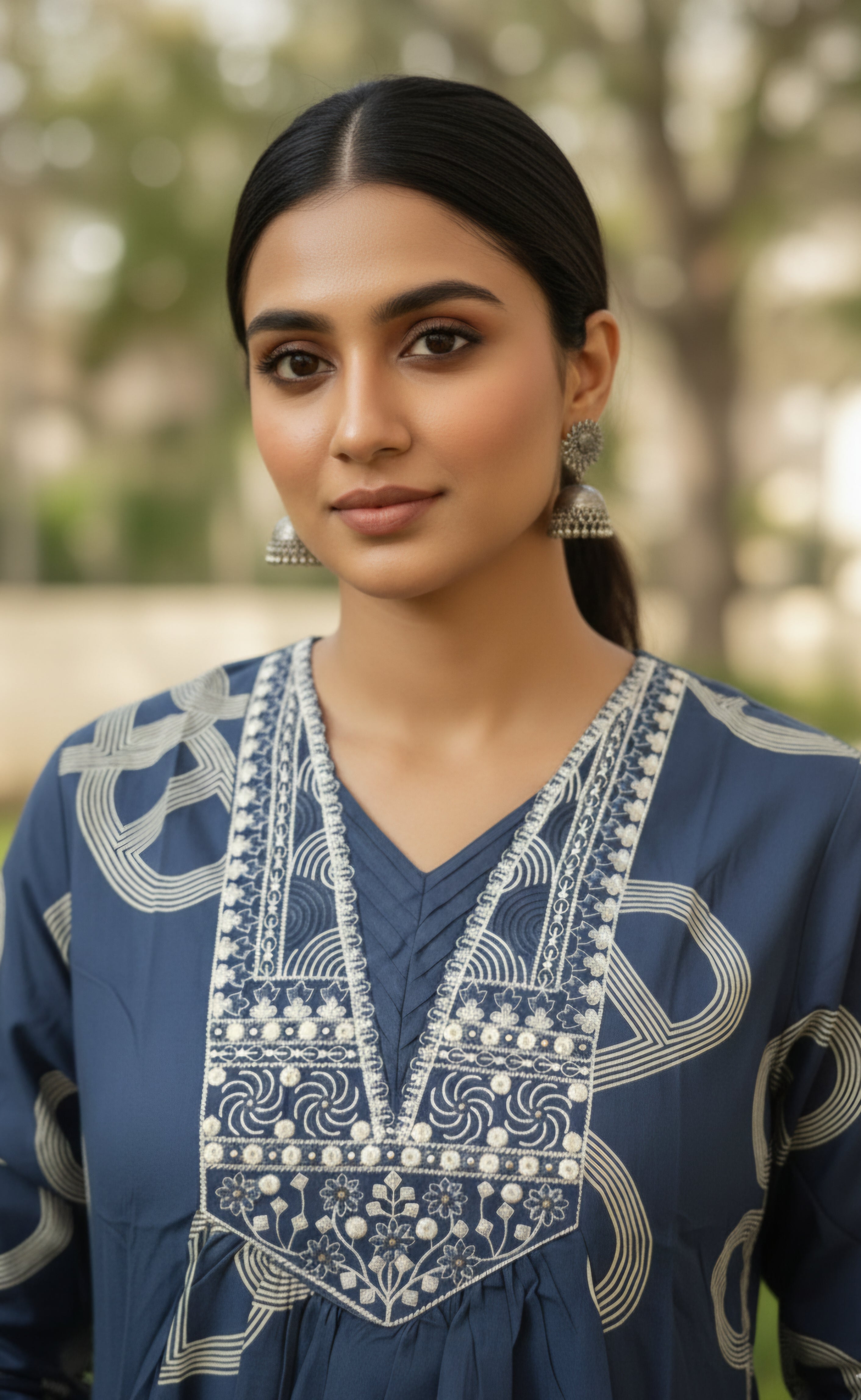 Vaidehi Premium cotton Kurti palazzo set in navy blue and mirror work neckline