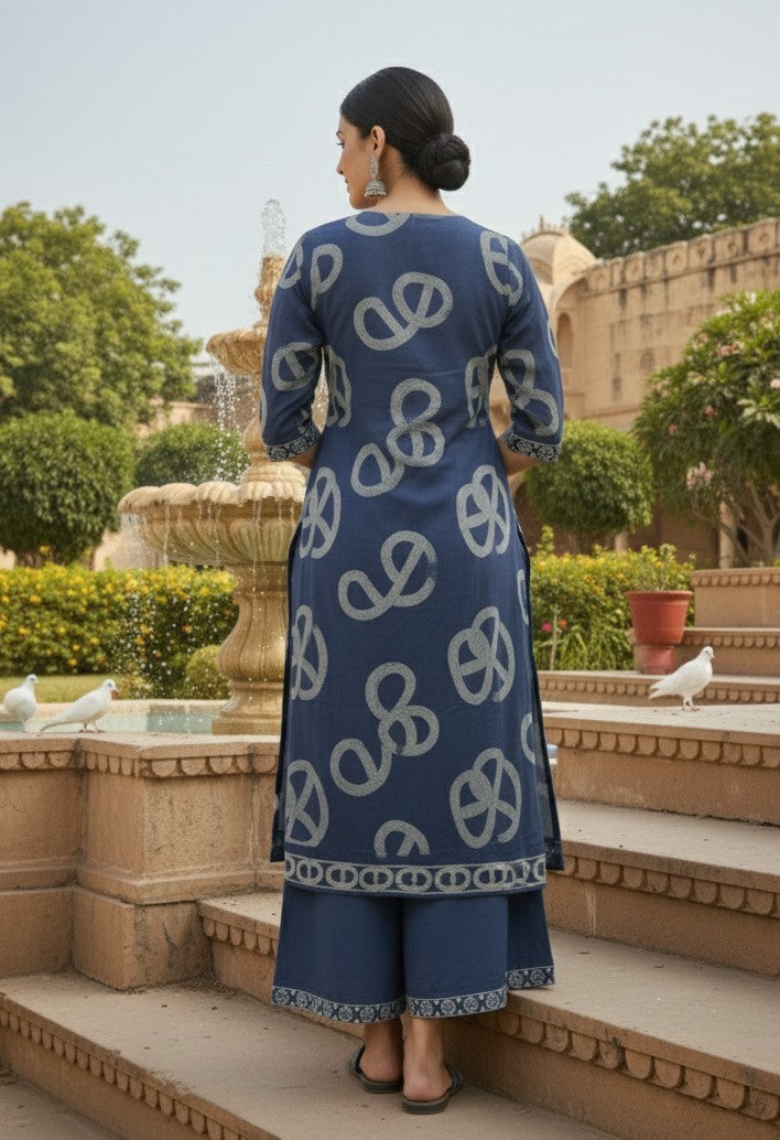 Vaidehi Premium cotton Kurti palazzo set in navy blue and mirror work neckline