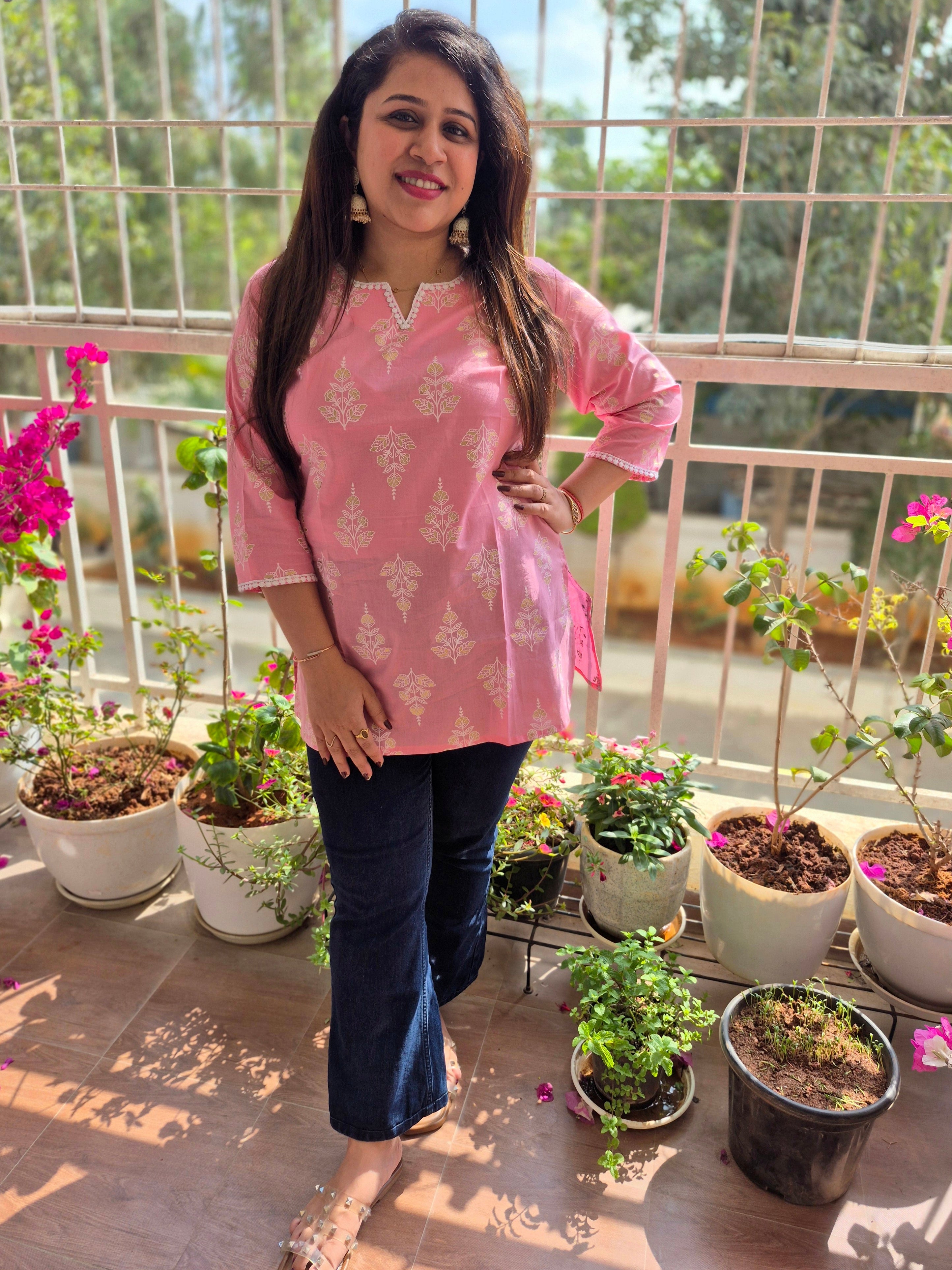 Raisa Pink Jaipuri Floral motif Short Kurti for Women