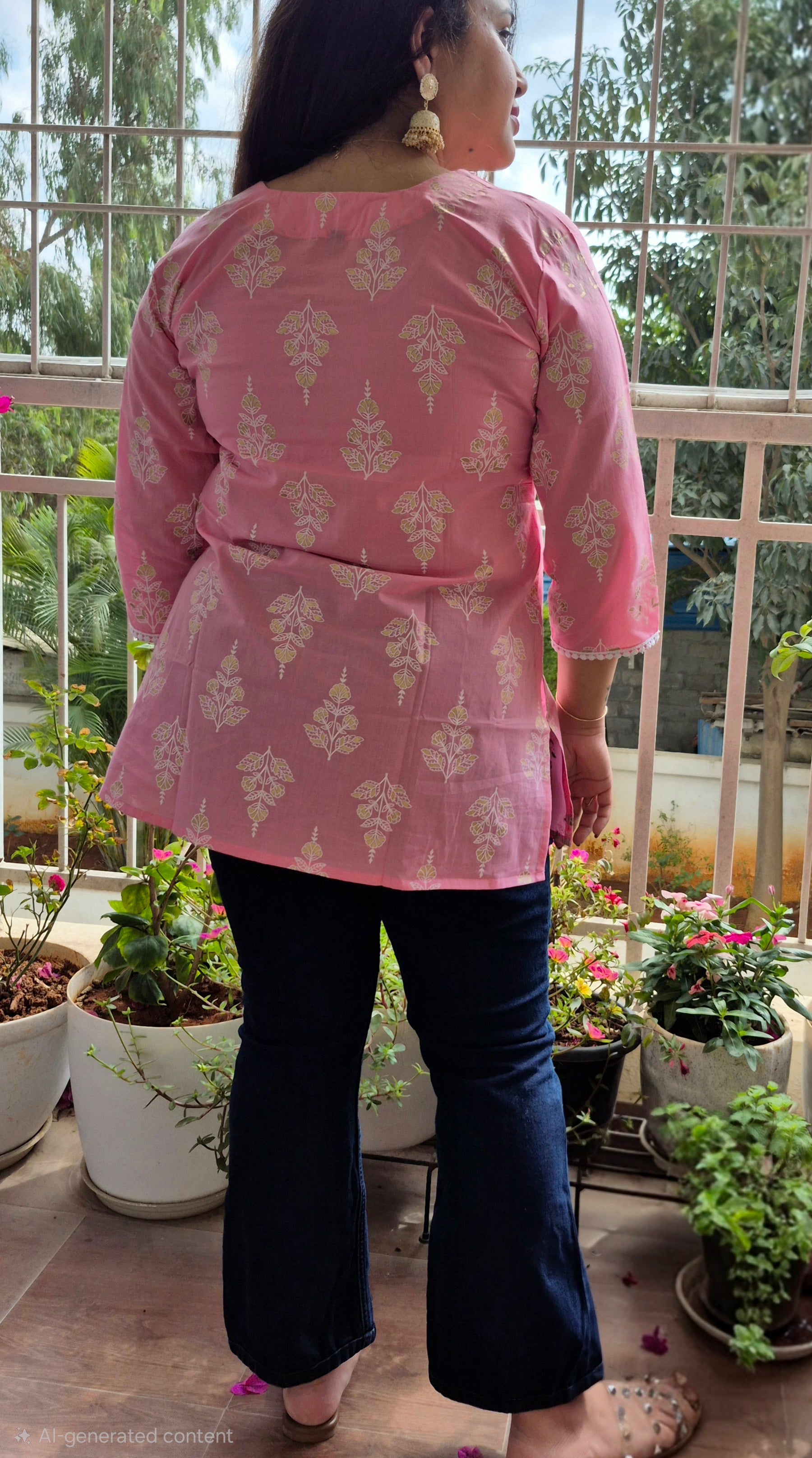 Raisa Pink Jaipuri Floral motif Short Kurti for Women