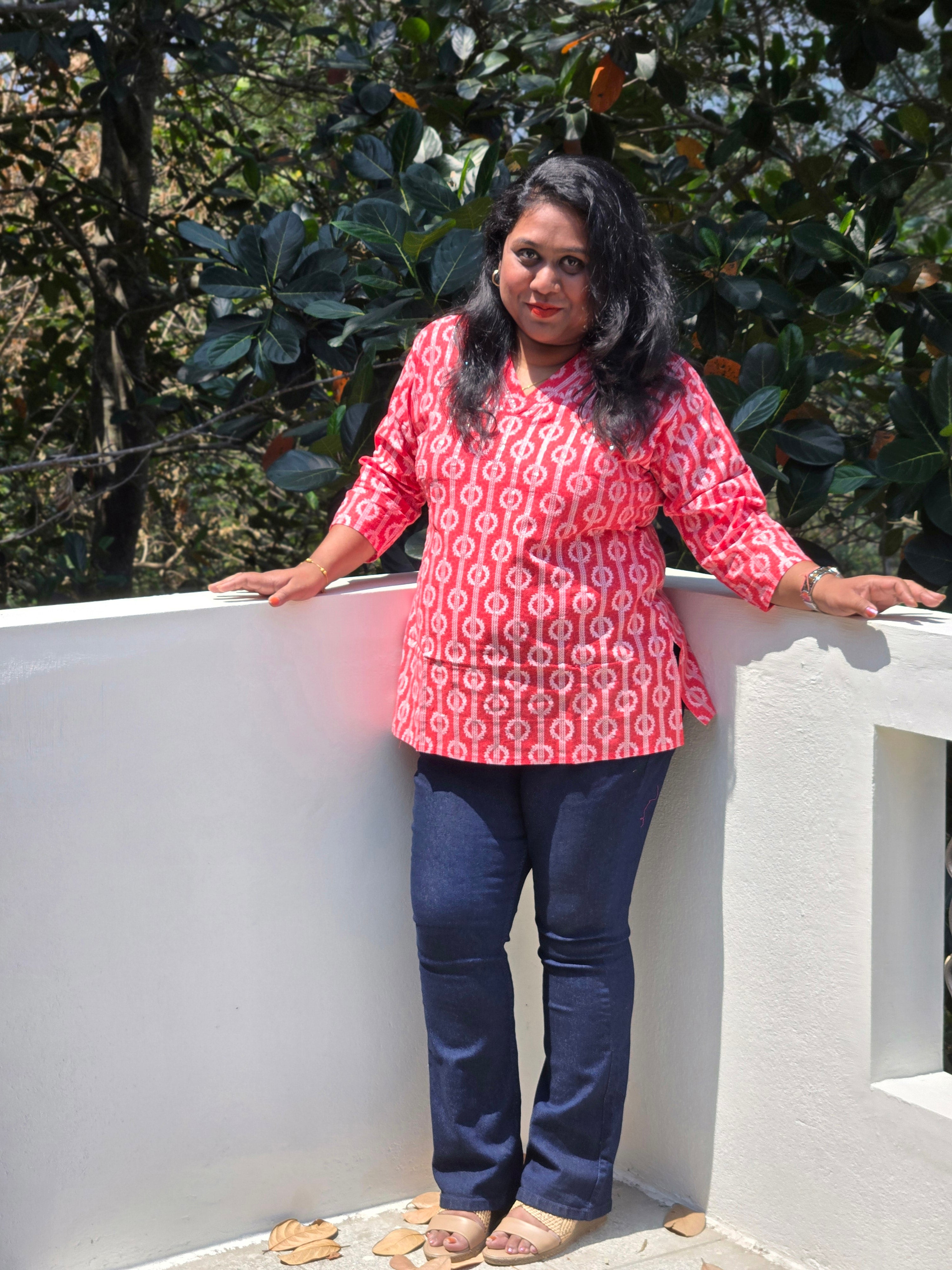 Nitya Printed Red Cotton Short Kurti for Women