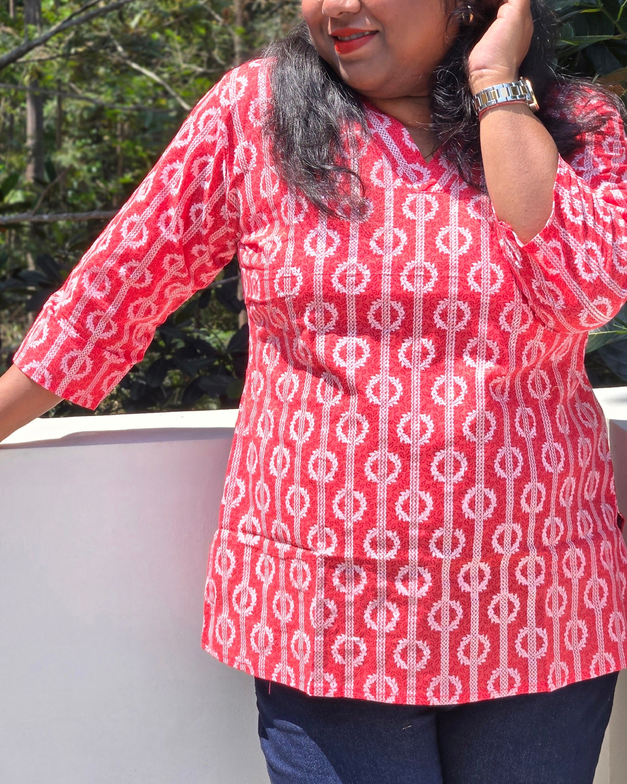 Nitya Printed Red Cotton Short Kurti for Women