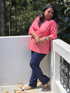 Nitya Printed Red Cotton Short Kurti for Women