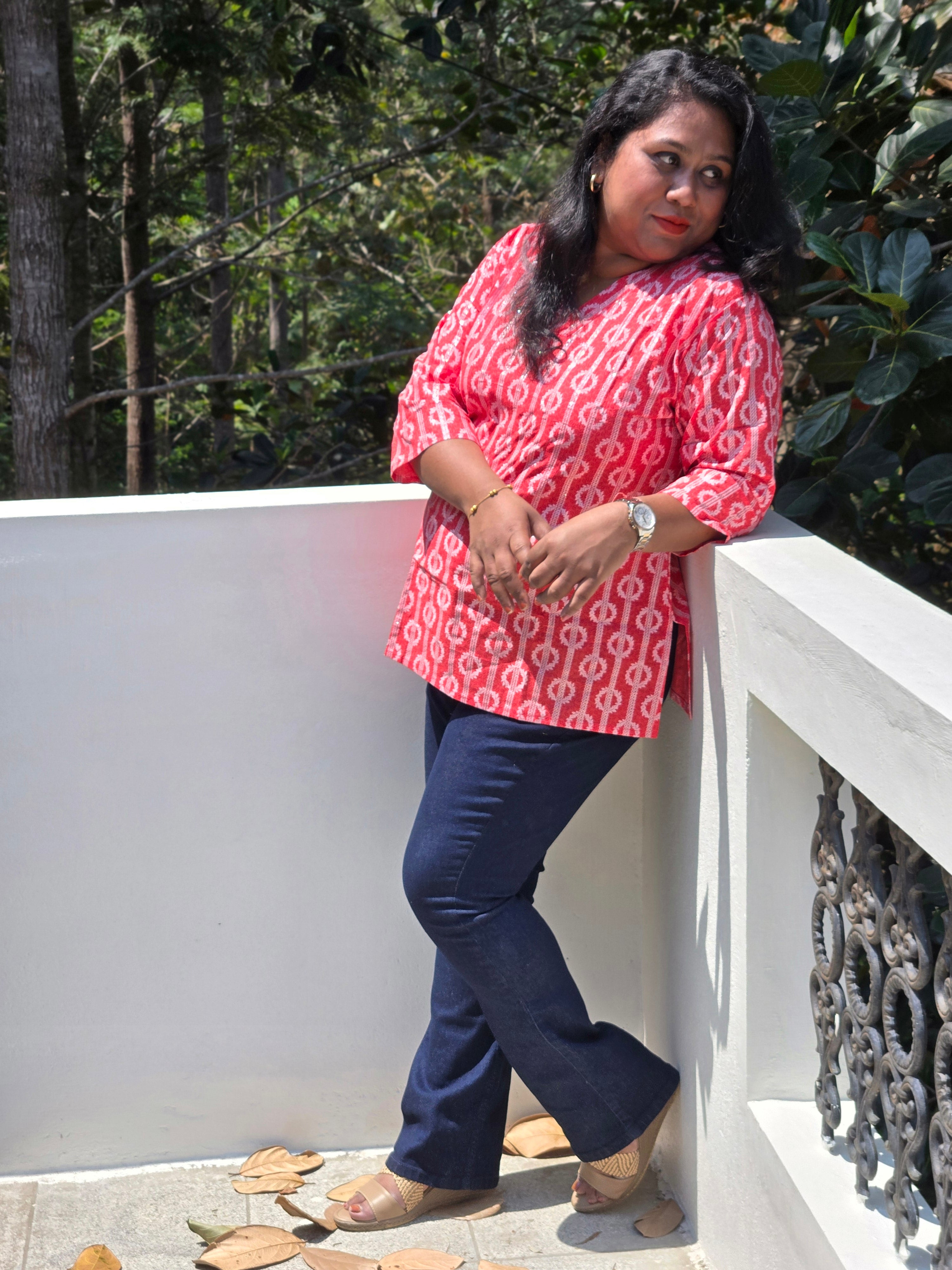 Nitya Printed Red Cotton Short Kurti for Women