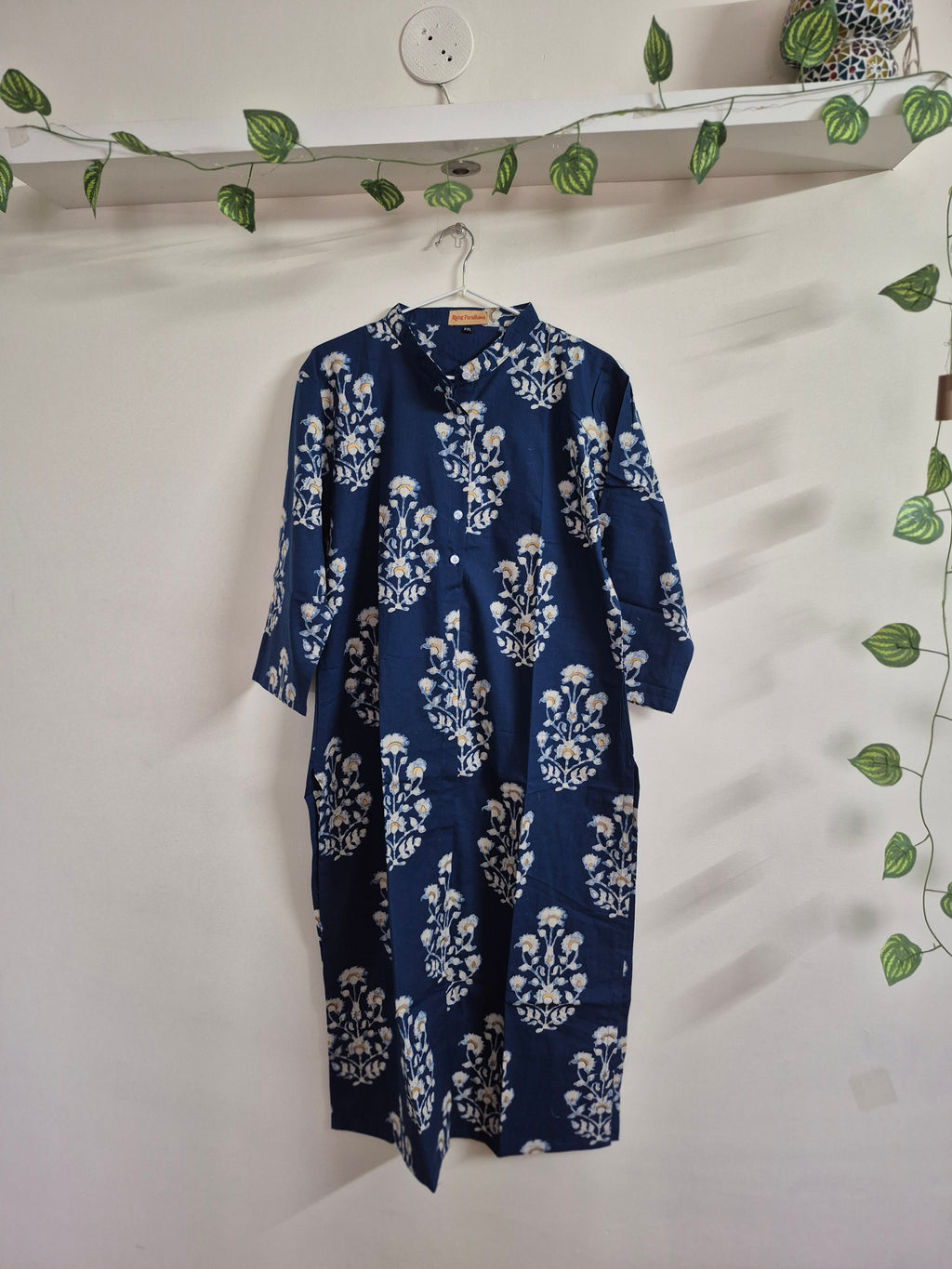 Raagini Straight-Cut Cotton Kurti | Jaipuri Paisley Print |Office & Festive Wear, Navy Blue Floral