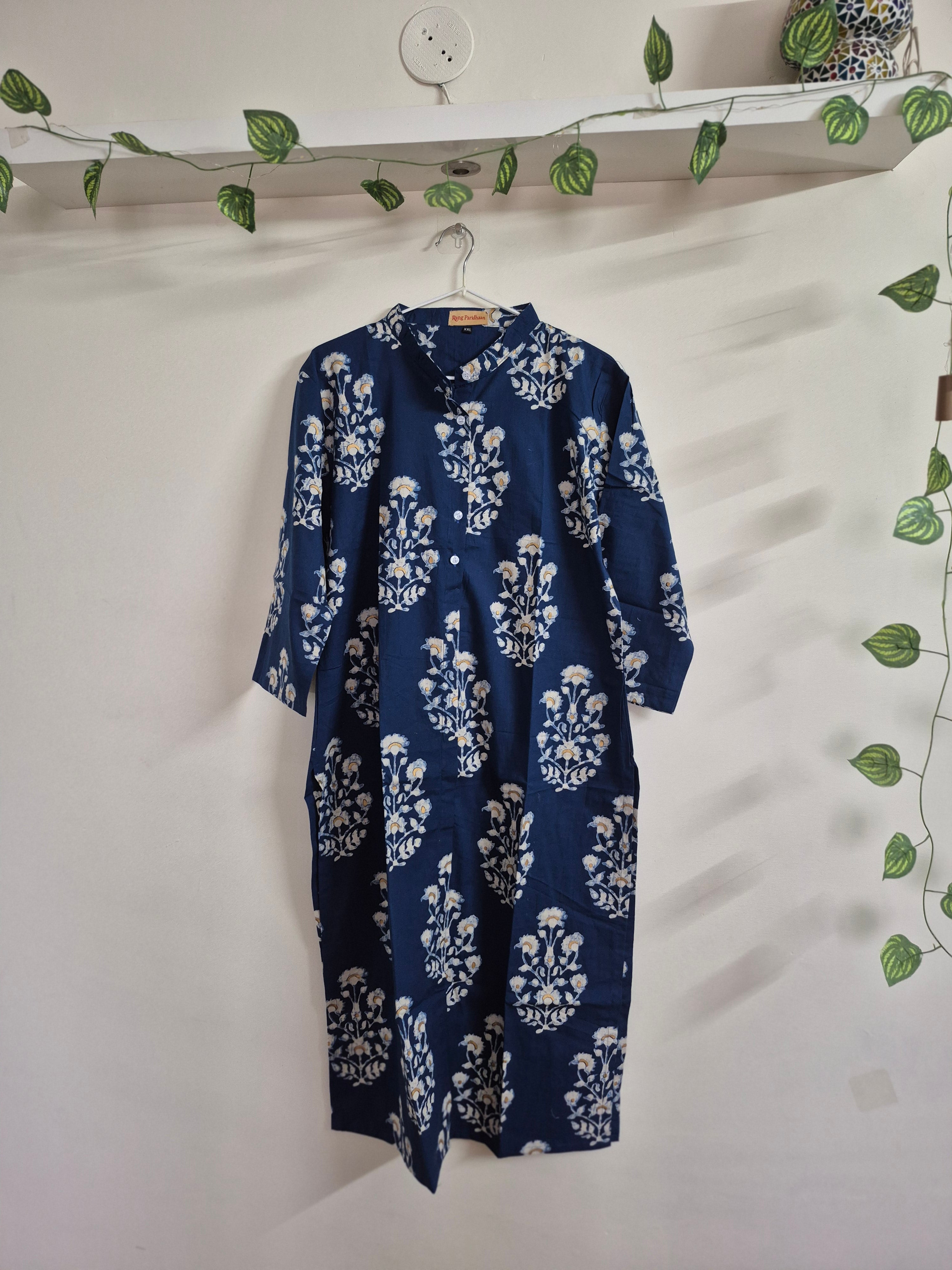 Raagini Straight-Cut Cotton Kurti | Jaipuri Paisley Print |Office & Festive Wear, Navy Blue Floral