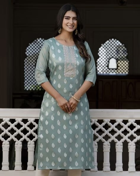 Utsav Woven Art Silk Jacquard Straight Kurta in Dusty Blue