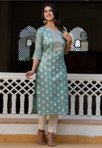 Utsav Woven Art Silk Jacquard Straight Kurta in Dusty Blue