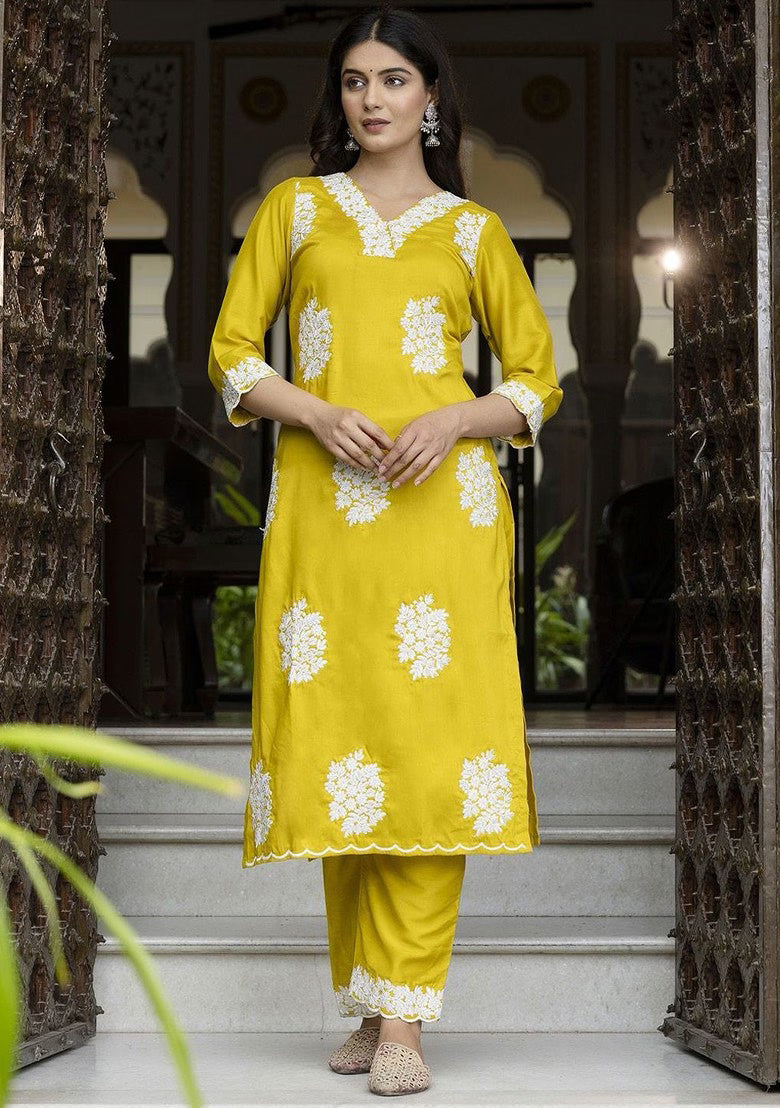 Pratyusha Women's Embroidered Silk Blend Straight Kurta and Trouser set