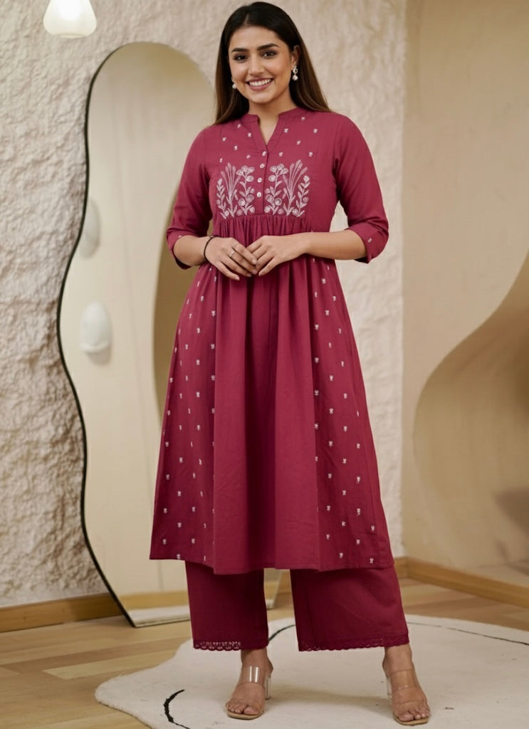 Shria Pure Cotton Maroon Kurti Palazzo set