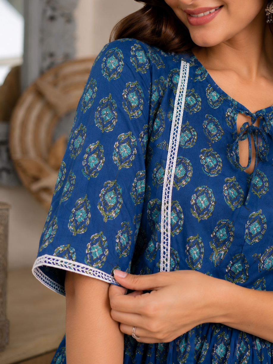 Adira Pure Cotton Blue Short Kurti for Women | Jaipuri print kurti for Casual & Office wear