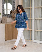 Adira Pure Cotton Blue Short Kurti for Women | Jaipuri print kurti for Casual & Office wear