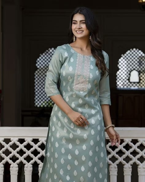 Utsav Woven Art Silk Jacquard Straight Kurta in Dusty Blue