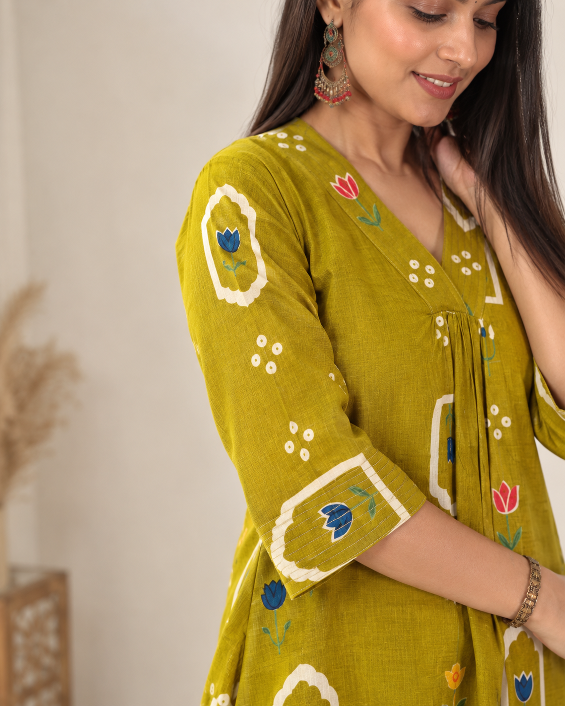 Zarrin Mustard Yellow Floral Cotton A-Line Kurti for Women