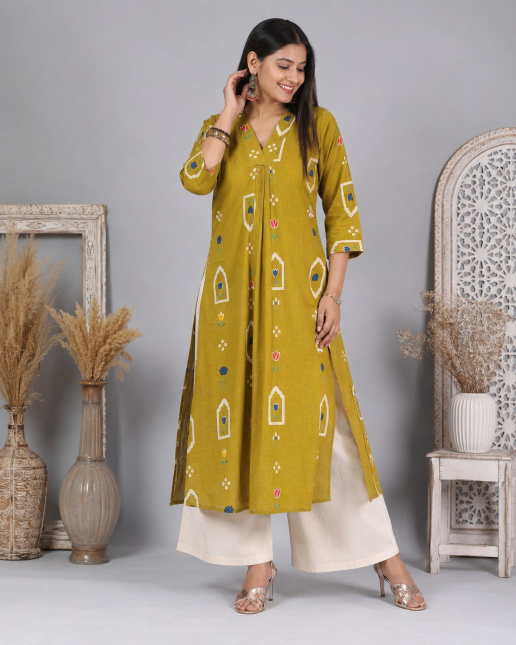 Zarrin Mustard Yellow Floral Cotton A-Line Kurti for Women