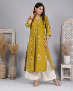 Zarrin Mustard Yellow Floral Cotton A-Line Kurti for Women