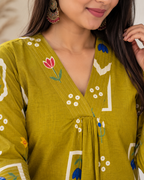 Zarrin Mustard Yellow Floral Cotton A-Line Kurti for Women