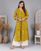 Zarrin Mustard Yellow Floral Cotton A-Line Kurti for Women