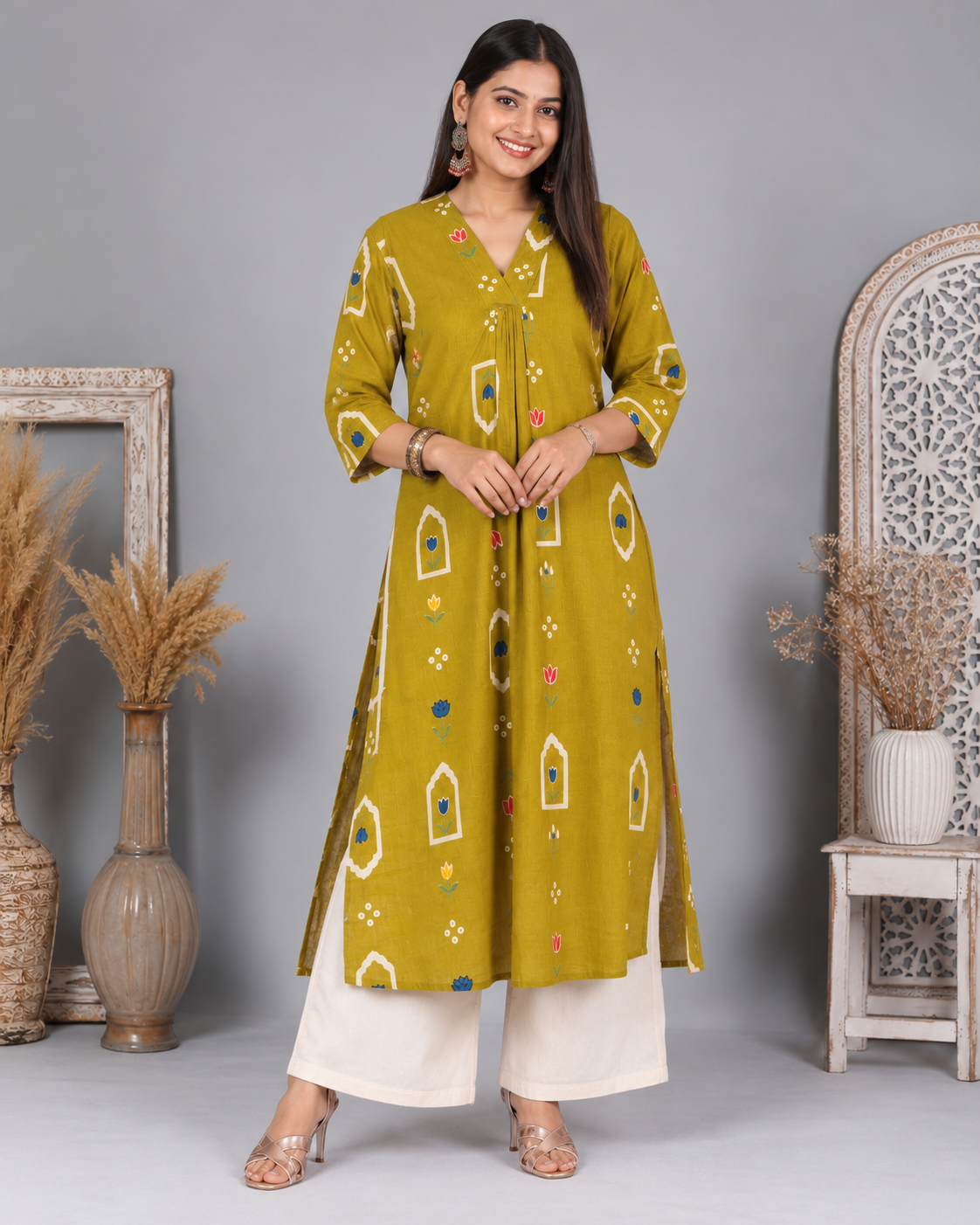 Zarrin Mustard Yellow Floral Cotton A-Line Kurti for Women
