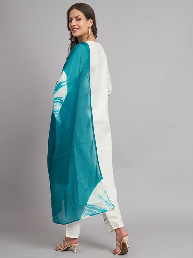 Saadgi White Cotton multi coloured embroidered Kurti set with tie dye dupatta