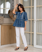 Adira Pure Cotton Blue Short Kurti for Women | Jaipuri print kurti for Casual & Office wear