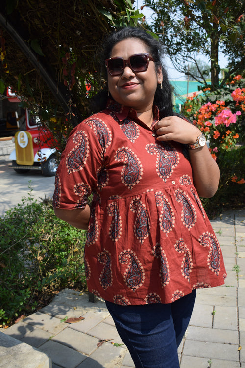 Aara Handblock Ajrakh Cotton Short Kurti