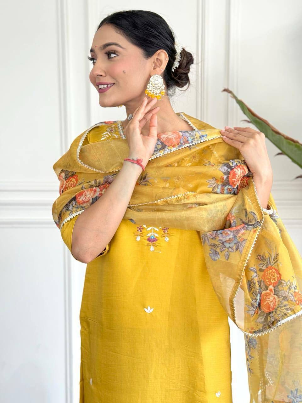 Manini Mustard yellow straight Kurti set with contrasting floral print dupatta