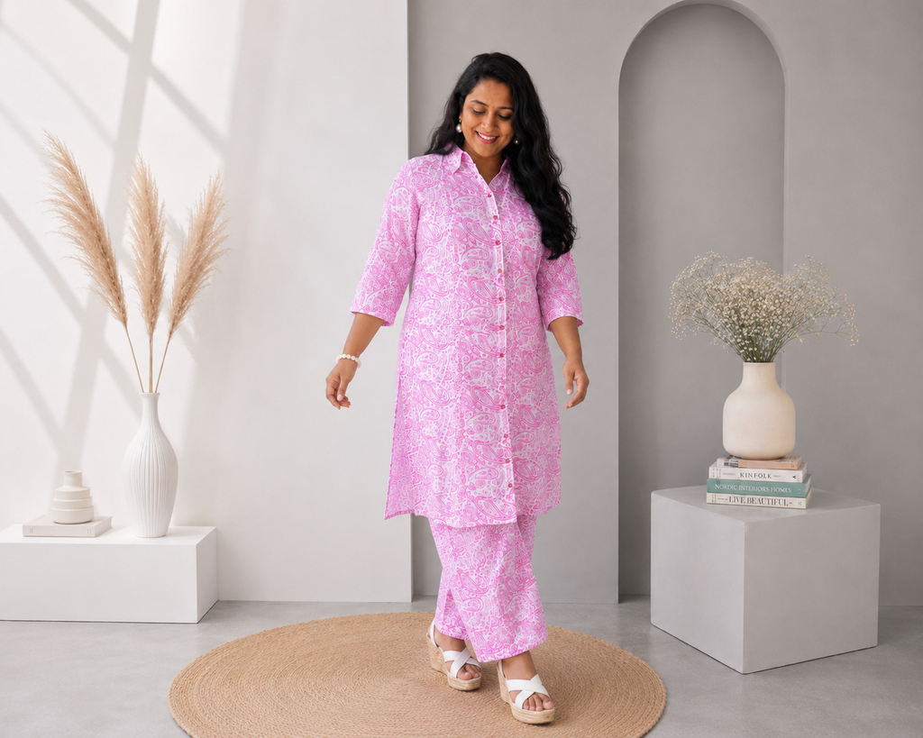 Twisha Women’s Pink Cotton Printed Straight Kurta & Palazzo Set | Collar Neck | 3/4 Sleeves | Daily Wear Co-ord Set