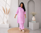 Twisha Women’s Pink Cotton Printed Straight Kurta & Palazzo Set | Collar Neck | 3/4 Sleeves | Daily Wear Co-ord Set