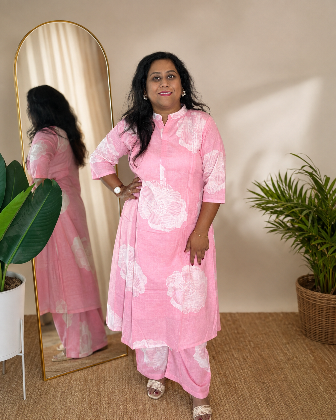 Swati – Pink Floral Cotton Kurta Palazzo Set with Lining for Women