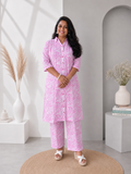 Twisha Women’s Pink Cotton Printed Straight Kurta & Palazzo Set | Collar Neck | 3/4 Sleeves | Daily Wear Co-ord Set