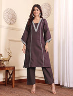 Dhara Brown Cotton Embroidered Kurti Palazzo set