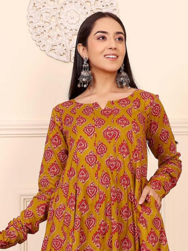 Pritha Traditional Jaipuri Print Anarkali Set in Mustard & Maroon with Dupatta