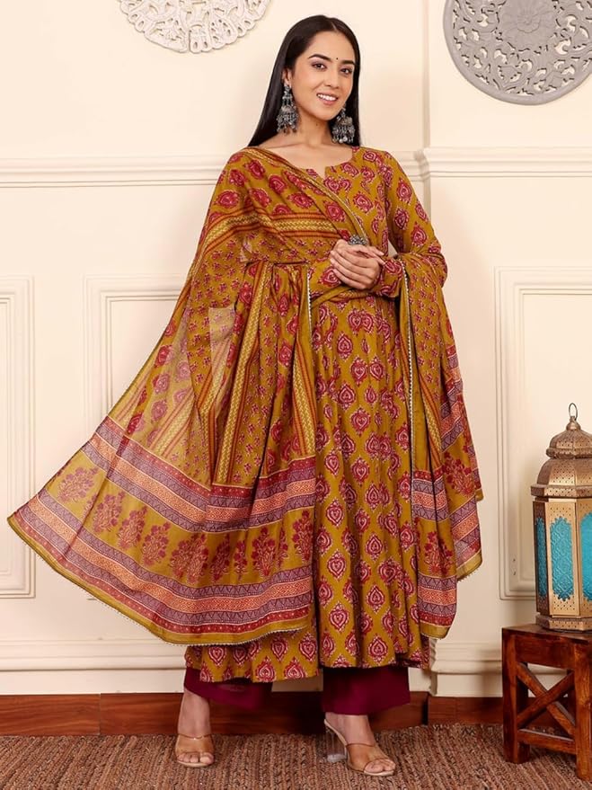 Pritha Traditional Jaipuri Print Anarkali Set in Mustard & Maroon with Dupatta