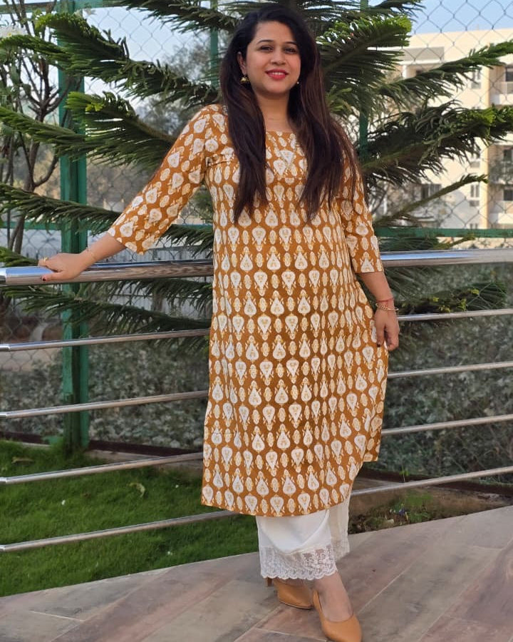 Shree Mustard Pure Cotton Pintuck A-Line Kurta