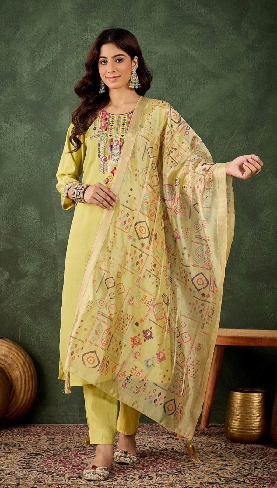 Jaya Light Yellow coloured Embroidered Kurti Set