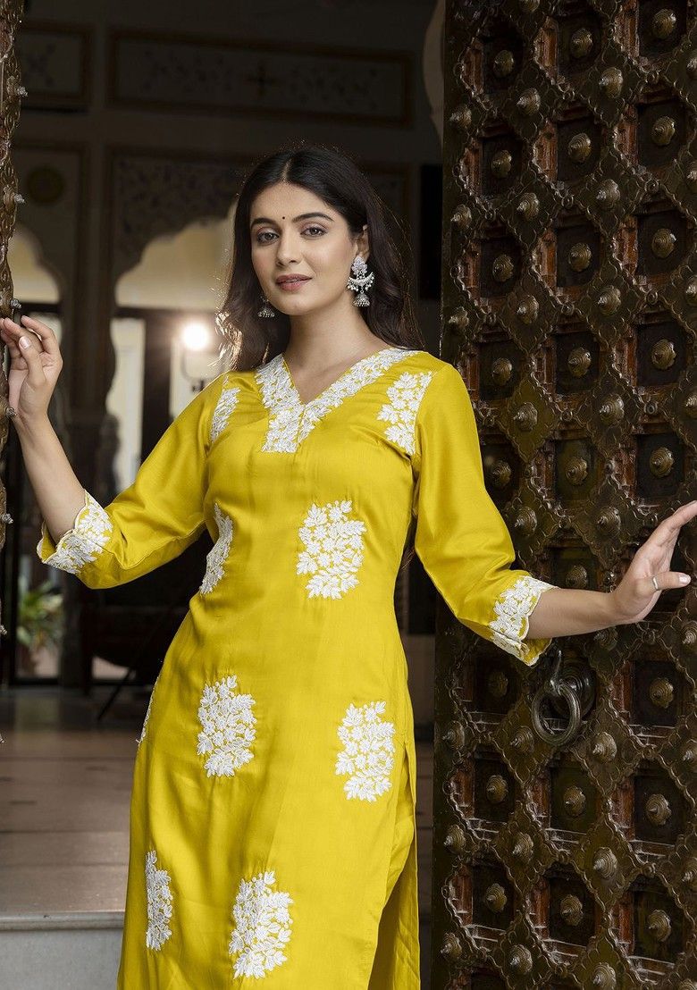 Pratyusha Women's Embroidered Silk Blend Straight Kurta and Trouser set