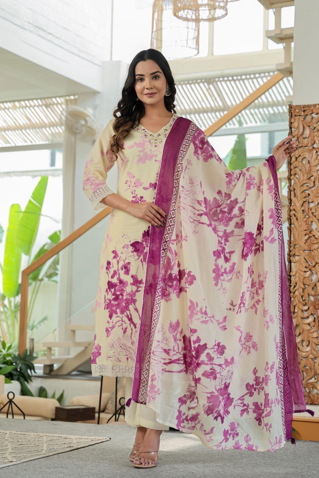 Saaj Cotton with floral print and crochet lace work Kurti set