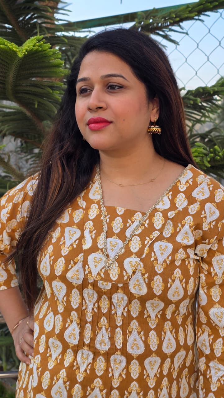 Shree Mustard Pure Cotton Pintuck A-Line Kurta