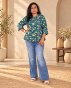 Vama Cotton Teal Green Floral Print Short Kurti for Women with 3/4th sleeves and gota lace