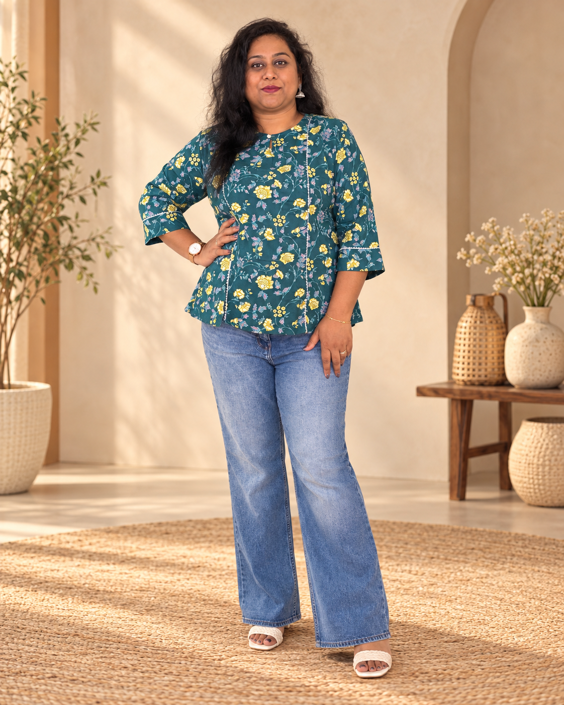 Vama Cotton Teal Green Floral Print Short Kurti for Women with 3/4th sleeves and gota lace
