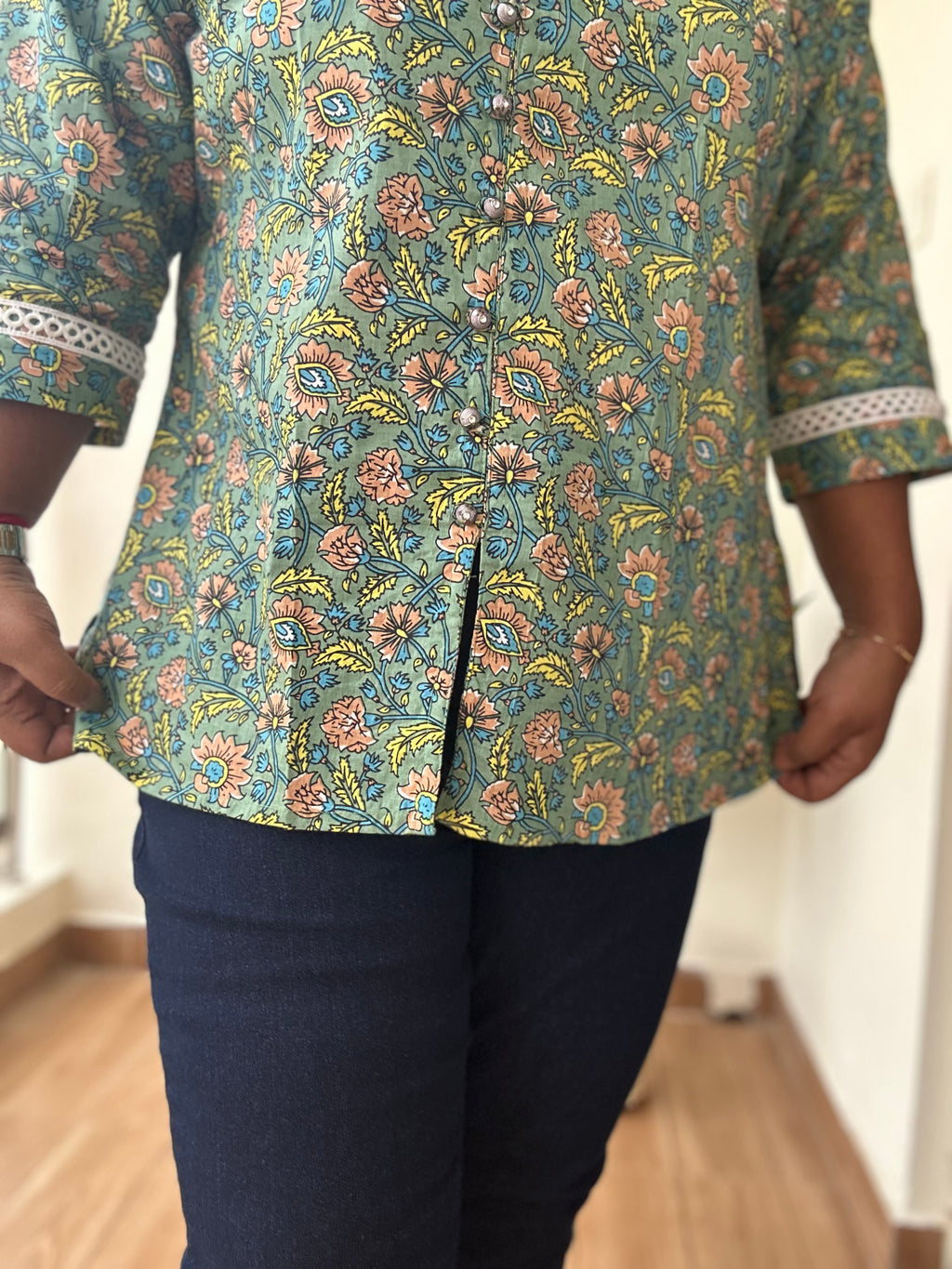 Gulbahaar Floral Cotton Shirt Style Short Kurti for Women| Lace Sleeves | Casual & Office Wear