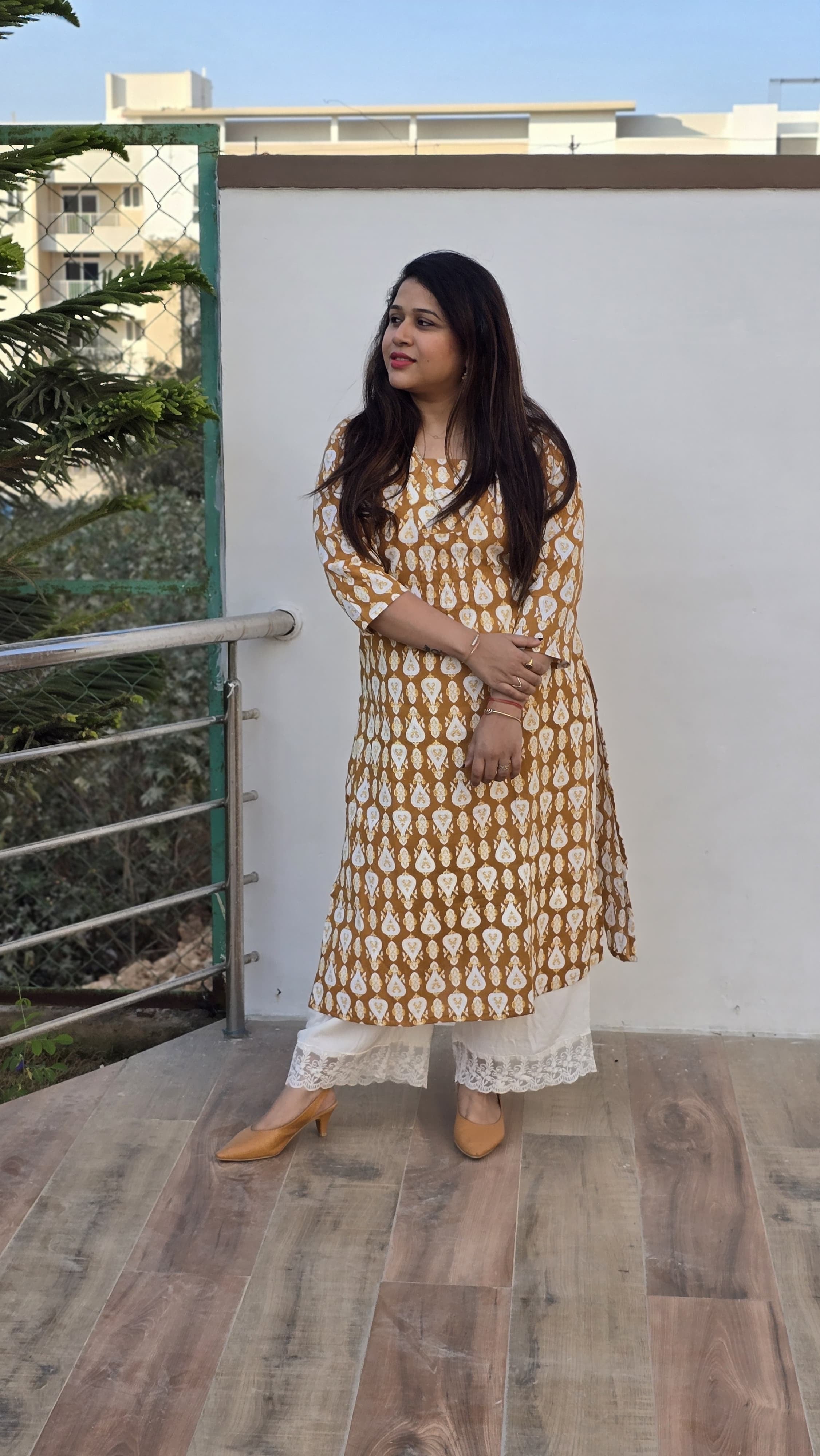 Shree Mustard Pure Cotton Pintuck A-Line Kurta